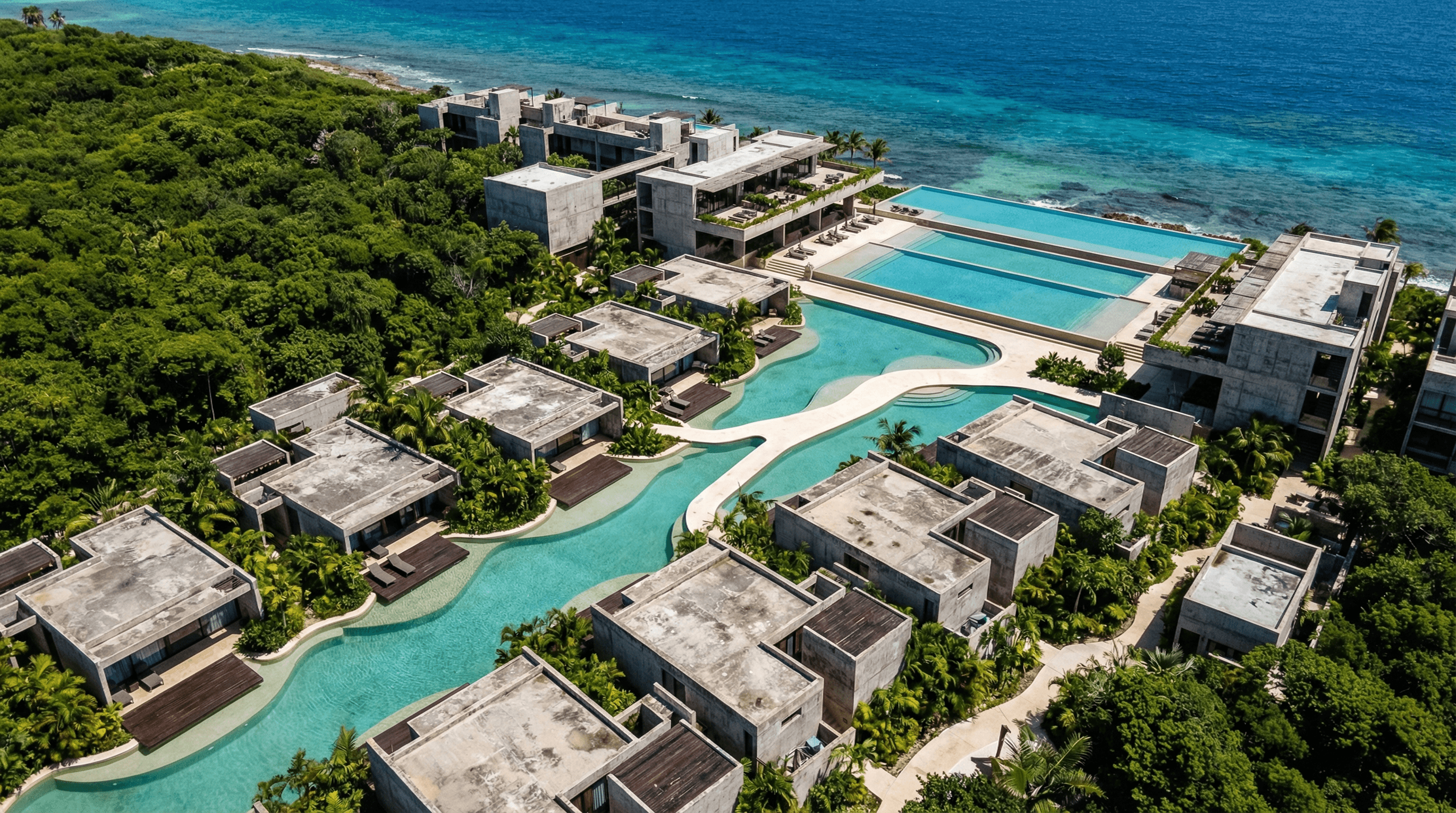 Aerial view of Kiani luxury resort featuring modern concrete buildings with flat roofs, interconnected turquoise pools winding through the property, lush tropical jungle on one side, and crystal-clear turquoise ocean waters on the other, showcasing the seamless integration of architecture with nature