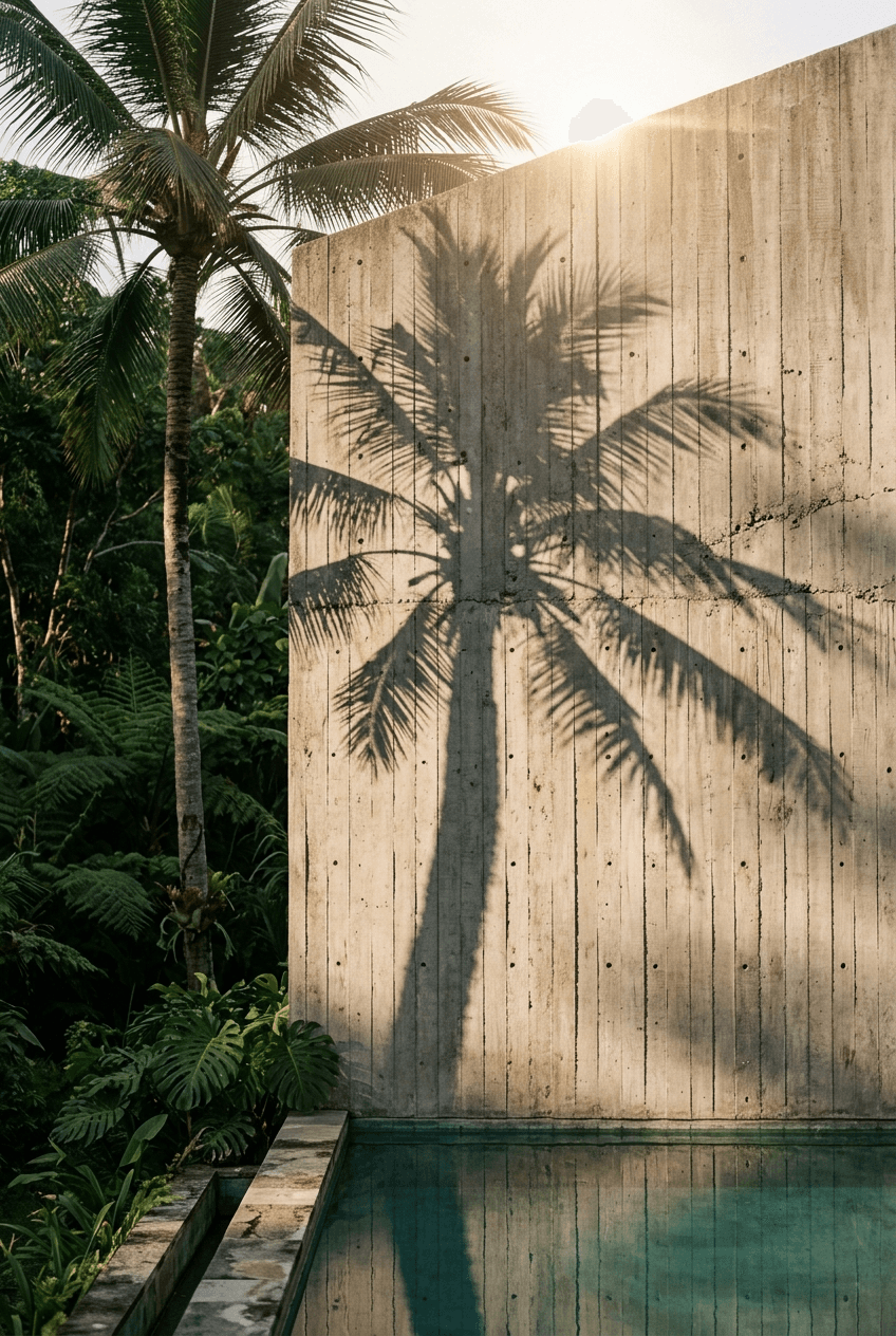 The shadow of a palm tree cast across a monolithic raw concrete wall above a still turquoise pool, dense tropical jungle to one side, at golden hour