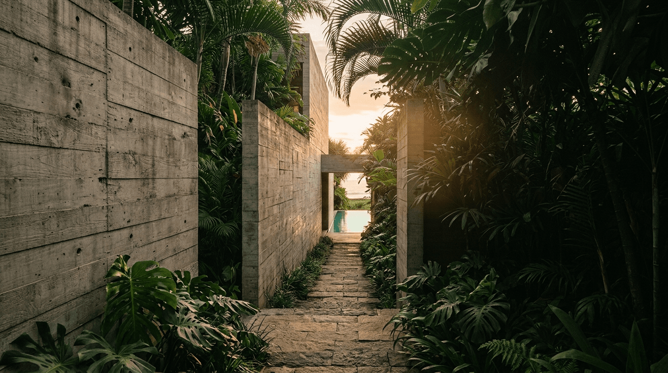 A stone path leading between monolithic raw concrete walls through dense tropical jungle toward a turquoise pool at golden hour